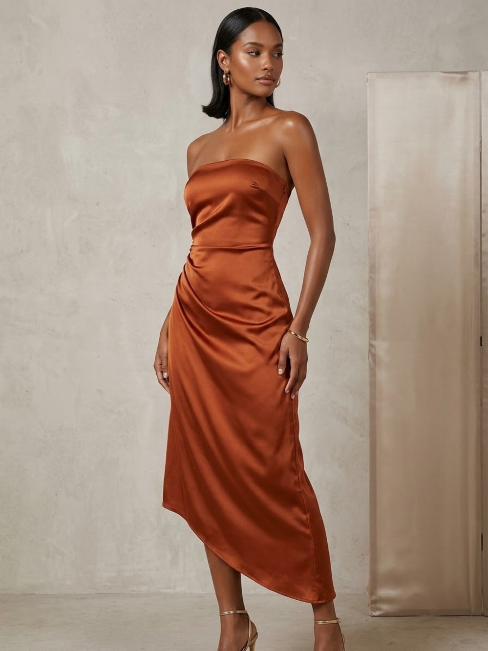 House of Harlow 1960 Strapless Satin Dress in Copper Brown